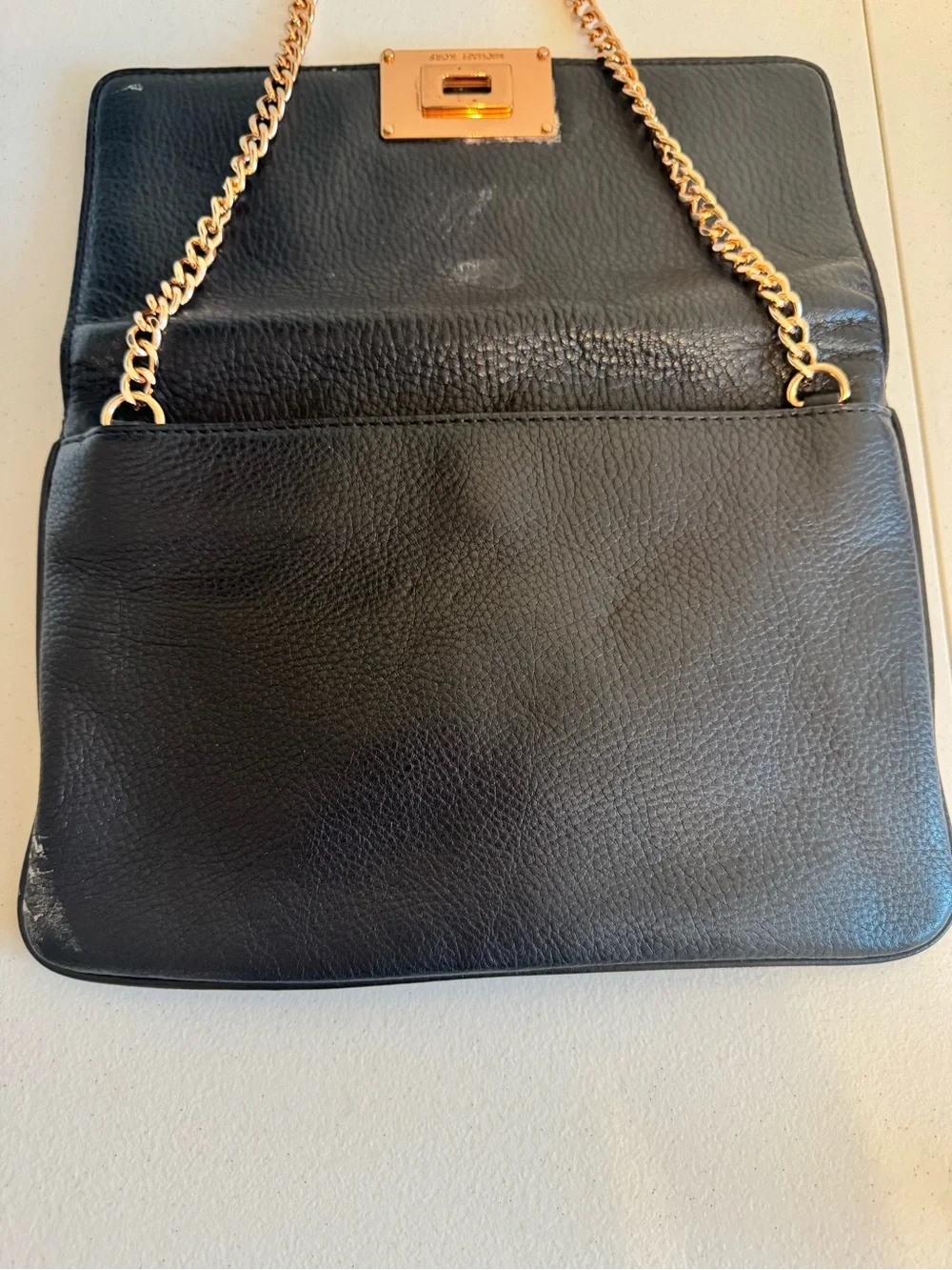 Michael Kors Black Pebbled Leather Chain Shoulder Clutch with Gold Hardware